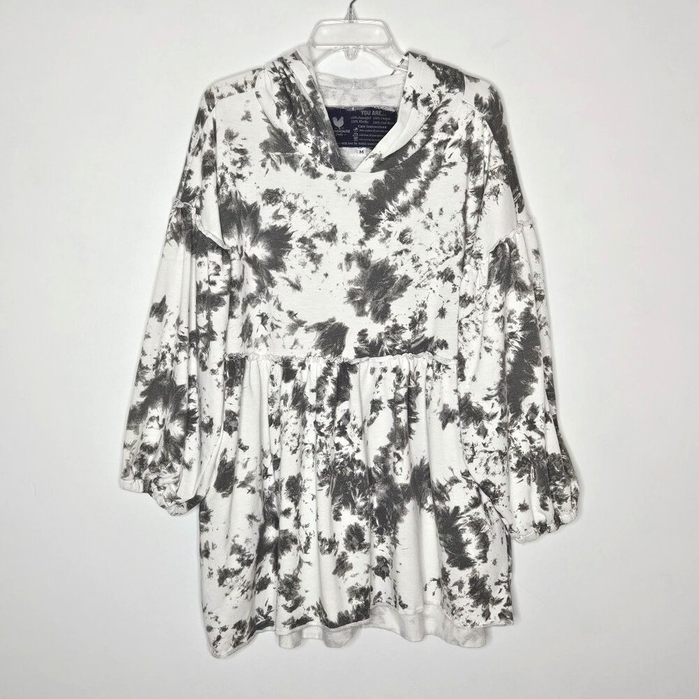 Farmhouse Frocks Top Womens Medium Oversized Tunic White Gray Hooded Boho